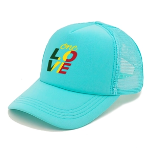 Close-up of cyan mesh trucker hat featuring colorful one LOVE print and breathable net