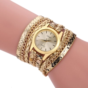 Detail of Duoya gold quartz watch with braided snake skin style bracelet on model wrist