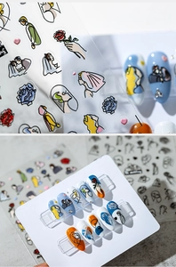 Detailed view of minimalist wedding nail stickers with floral and portrait line art designs