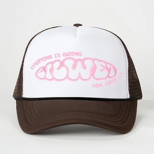 Brown and white mesh trucker hat with pink EVERYONE IS GOING TO HURT YOU embroidery