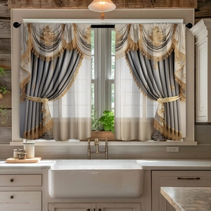 Classic European gray and gold short kitchen curtains with valance and tassel details