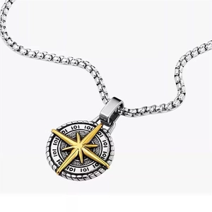 Vintage silver and gold compass star pendant necklace with stainless steel box chain