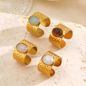 Minimalist hammered stainless steel ring with oval gemstones and golden finish for women
