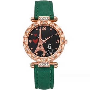 Orologio al quarzo da donna con cinturino in pelle scamosciata verde e quadrante Torre Eiffel