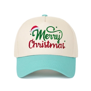 Close-up of Merry Christmas embroidery and stitching on the bicolor baseball cap