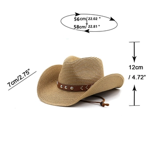 Detail of adjustable cowboy straw hat with leather band, studs and size specifications