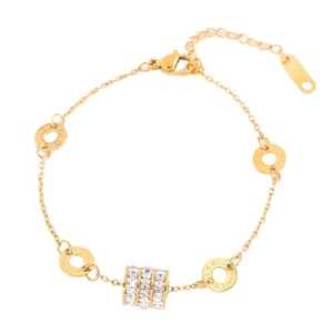 Luxurious gold stainless steel bracelet with Roman numeral rings and white zircon pendant