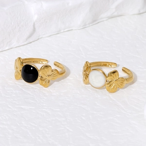 Flower Stainless Steel Adjustable Open Ring For Women Gold Plated Enamel Round Stone Vintage Fashion Jewelry