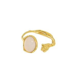 Irregular S925 silver tree branch ring with pink agate stone and golden texture