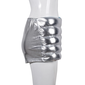 Side view of metallic silver puffer shorts showing premium water-resistant fabric texture