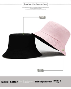 Size guide for double-sided cotton bucket hat showing 55-59cm circumference and 9cm depth