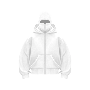 White full-zip hoodie with integrated balaclava mask and front pocket for men and women