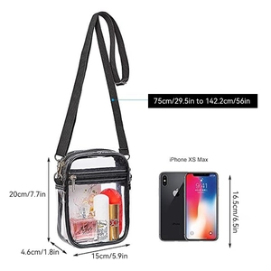 Detailed dimension chart for transparent PVC crossbody bag with smartphone size comparison