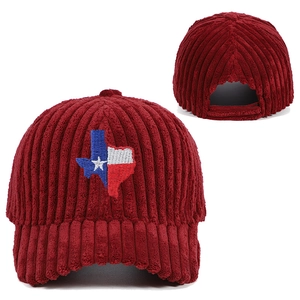 Corduroy baseball cap in burgundy with Texas flag map embroidery and adjustable strap
