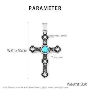 Detail view of titanium steel cross pendant with turquoise inlay and 61x40mm dimensions
