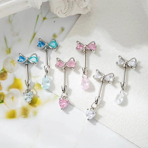 Bow heart pendant piercing jewelry set with colorful stones in blue pink and white