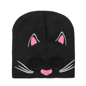 Close-up of black knit cat beanie with ear details and eye cut-outs for Halloween