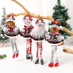 Christmas Hanging Ornaments Long Legged Plush Doll Santa Snowman Reindeer Bear Feliz Navidad Sign Plaid Fabric Decor