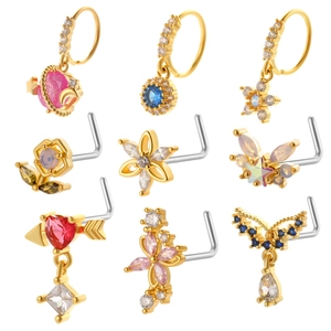 Zircon Inlaid Nose Studs And Hoop Rings Titanium Steel Copper Butterfly Flower Heart Planet Shape Fashion Body Piercing Jewelry