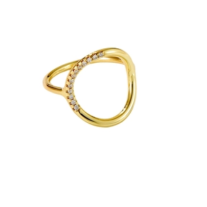 Elegant gold hollow circular ring featuring a row of sparkling crystals on a white background