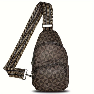Deep brown PU leather crossbody chest bag with geometric triangular pattern and wide strap