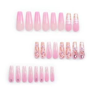 Pink gradient long coffin press-on nails with 3D crystal bows and butterfly art