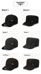 Close-up of wool flat caps and baseball hats with sport embroidery and ear protection
