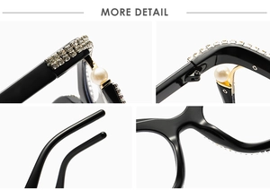Detail view of cat eye glasses showing rhinestone inlay, pearls, and metal hinges