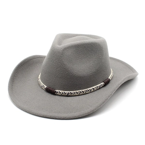 Light gray wool western cowboy hat featuring a black and white woven decorative band