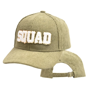 Detail of army green corduroy baseball cap with SQUAD embroidery and metal buckle