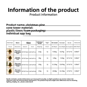 Detailed size chart for mini Christmas trees showing dimensions and weights for each model