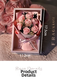 Pink soap rose bouquet in a 17.5cm window gift box with Just For You ribbon detail