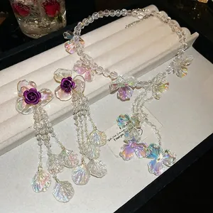 French vintage purple rose flower tassel necklace and earrings jewelry set for women
