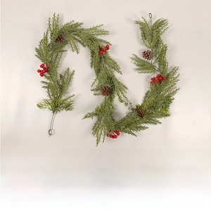 Detail of 170cm Christmas garland with red berries, cypress leaves, and natural pine cones