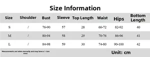 Size chart detail showing measurements for the printed top and skirt set in centimeters