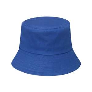 Close-up of royal blue cotton bucket hat with six-row decorative stitching on the brim