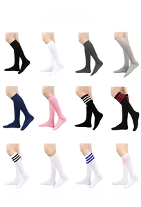Multi-color display of knee-high striped socks in 12 different sporty styles and colors