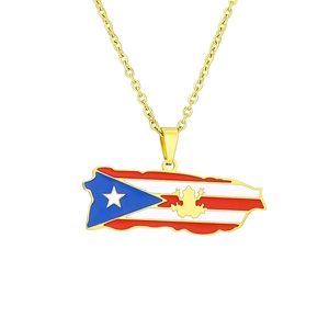 Collier vintage en acier inoxydable doré avec carte de Porto Rico et pendentif Coqui