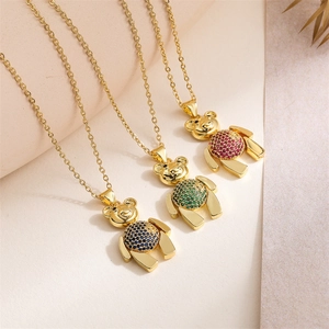 Colliers dorés avec pendentifs ours mignons et pierres de zircon en bleu, vert et rouge