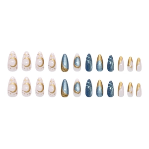24pcs almond press on nails with gold moon stars and blue marble cat eye design
