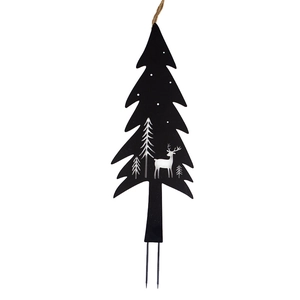 Black metal Christmas tree garden stake with hollow reindeer and forest patterns