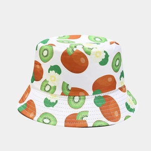 Close-up of kiwi fruit pattern and clean stitching on a cotton sun bucket hat