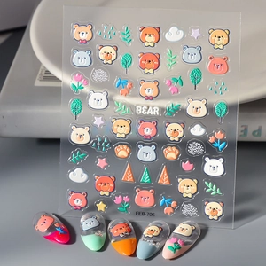 5D Embossed Nail Art Stickers Relief Cartoon Bear Flower Waterproof Self Adhesive Decals For Women Girls Manicure