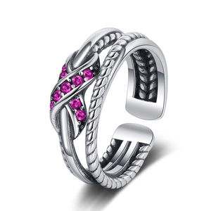 Vintage Double Layer Twist Braided Open Ring Copper Cubic Zirconia Inlaid Adjustable Jewelry For Women Retro Style