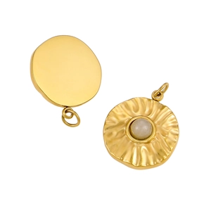 Macro detail of gold-plated pendant featuring a translucent grey gemstone on a white base