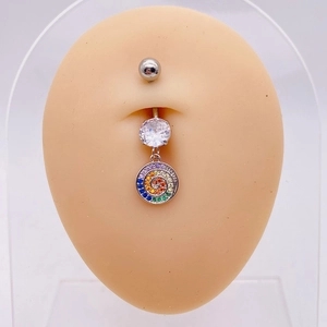Surgical steel belly button ring with colorful spiral dangle and clear zircon stones