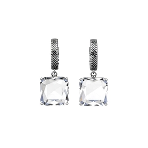 Elegant silver-tone C-shape earrings with square-cut crystal stones on white background