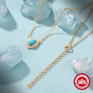 925 Sterling Silver Heart Necklace with Turquoise Stone and Zircon Accents