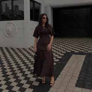 Women's chocolate brown chiffon pleated dress set with short sleeves and black belt