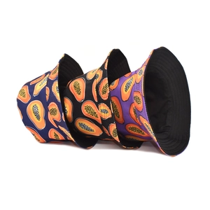 Summer bucket hats with tropical papaya print in navy blue, black and purple